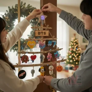BTS Band Premium Rustic Wall Christmas Tree 5 Two people arranging a rustic wooden wall Christmas tree decorated with bts themed ornaments and festive lights!