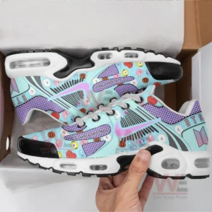 BTS Boy Band Air Max Plus TN Shoes 8 Pastel blue BTS character decorated shoes held above an open shoe box!