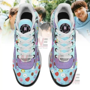 BTS Boy Band Air Max Plus TN Shoes 9 Top view of pastel blue BTS shoes with character graphics and white laces!