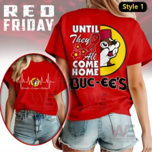 A red tshirt displaying a mascot face in a yellow circle with bold text expressing support until they all come home!