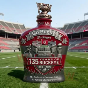 A bottle with Ohio State anniversary designs positioned on a football field!