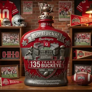 A bottle with Ohio State anniversary designs positioned among sports memorabilia!