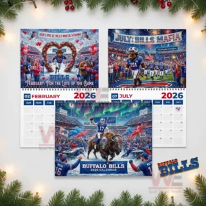 Collage of Buffalo Bills twenty twenty six calendar pages including February July and the main cover with energetic football themed illustrations!