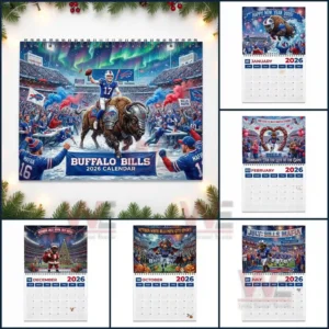 Multiple Buffalo Bills calendar pages for twenty twenty six arranged around the main cover featuring vivid football themed artwork!
