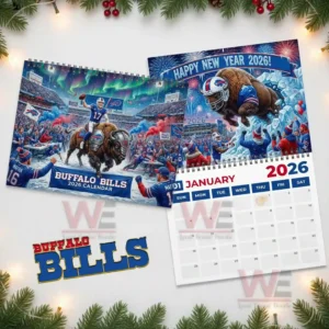 Buffalo Bills calendar cover next to a January twenty twenty six page with a New Year stadium celebration illustration!