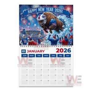 January twenty twenty six Buffalo Bills calendar page with a New Year football scene featuring fireworks fans and a charging buffalo mascot!