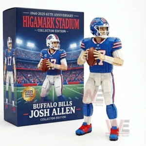 Football player figure in blue uniform holding a ball displayed next to a collector edition stadium box on a clean background!