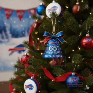 Buffalo Bills 65th Anniversary 1960-2025 Christmas Bell Ornament 4 A Buffalo Bills anniversary bell ornament in blue with holiday patterns hanging on a Christmas tree!