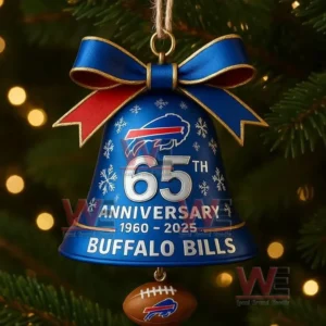 Buffalo Bills 65th Anniversary 1960-2025 Christmas Bell Ornament 5 A close up of a blue Buffalo Bills anniversary bell ornament with a bow snowflakes and team details!