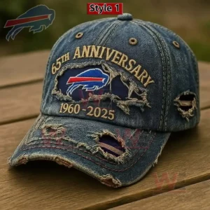 Blue distressed denim baseball cap with anniversary embroidery and buffalo logo displayed on a wooden table!