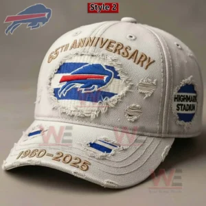 White distressed baseball cap with anniversary embroidery buffalo logo and worn fabric details!