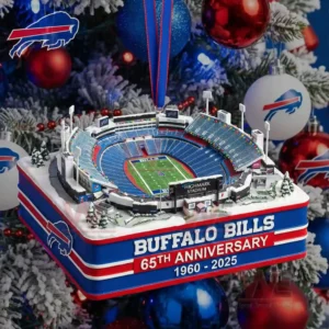 A miniature stadium ornament displayed among Christmas tree branches with team themed colors and festive ornaments!