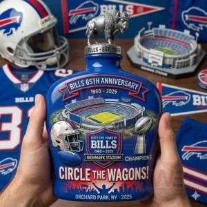 Buffalo Bills commemorative whiskey bottle with silver buffalo topper stadium illustration and bold team slogan held in a sports themed room!