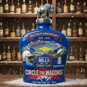 Buffalo Bills 65Th Anniversary Circle The Wagons Whiskey Bottle 4 Buffalo Bills anniversary whiskey bottle with silver buffalo topper displayed on a bar counter with liquor shelves in the background!