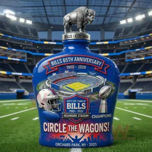 Buffalo Bills 65Th Anniversary Circle The Wagons Whiskey Bottle 5 Buffalo Bills commemorative whiskey bottle with silver buffalo topper placed on a football field inside a large stadium!