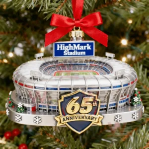 A Christmas tree ornament designed as a miniature HighMark Stadium with a red bow on top and a sixty fifth anniversary emblem at the front!