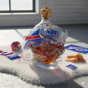Crowned buffalo shaped whiskey bottle on white fur with football decor nearby!