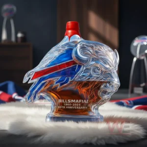 Buffalo head whiskey bottle with red cap on white rug in dim lighting!
