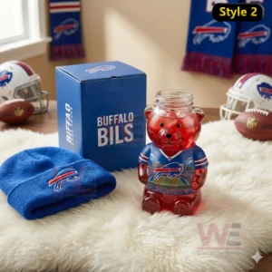 Buffalo Bills 66th Anniversary 1966-2026 Bear Glass Cup 4 Bear shaped glass cup with Buffalo Bills theme shown among football decorations and team accessories!