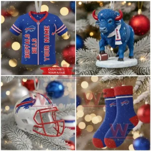 A set of Buffalo Bills themed Christmas ornaments including a jersey a buffalo figure a helmet and socks hanging on a decorated tree with glowing lights!