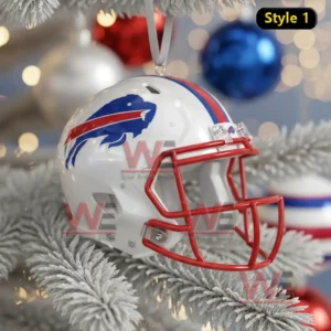 Buffalo Bills Christmas Ornament 6 A detailed image of a Buffalo Bills helmet ornament hanging from a snow covered tree branch with soft glowing festive lights behind it!
