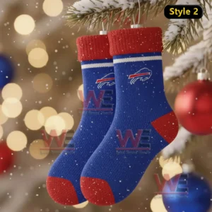 Buffalo Bills Christmas Ornament 7 A close view of two Buffalo Bills sock ornaments hanging on a decorated Christmas tree with warm glowing holiday lights!