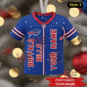 Buffalo Bills Christmas Ornament 8 A close view of a Buffalo Bills jersey ornament featuring customizable text suspended from a decorated Christmas tree with soft glowing lights!