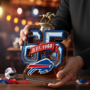 Hands holding an anniversary themed liquor bottle with a buffalo emblem displayed in a bar environment!