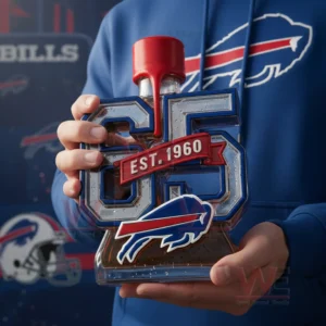 Buffalo Bills Est 1960 65th Anniversary Custom Whiskey Bottle 7 Person holding a buffalo themed anniversary liquor bottle against a sports background!