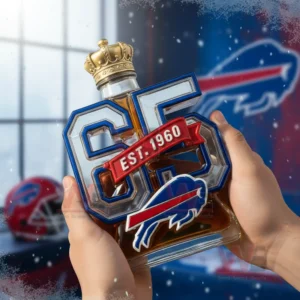 Buffalo Bills Est 1960 65th Anniversary Custom Whiskey Bottle 8 Hands lifting an anniversary liquor bottle with a crown stopper and buffalo emblem!