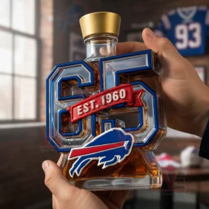 Buffalo Bills Est 1960 65th Anniversary Custom Whiskey Bottle 9 Anniversary liquor bottle with buffalo emblem held in a sports themed interior!
