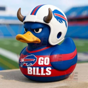 Buffalo Bills Go Bills Charging Horned Rubber Duck 4 Close up of a Buffalo Bills rubber duck with a horned helmet and Go Bills jersey near a football field.