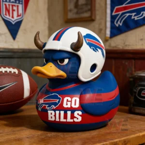 Buffalo Bills Go Bills Charging Horned Rubber Duck 5 A Buffalo Bills rubber duck with a horned helmet and Go Bills jersey on a wooden table beside a football and team banners.