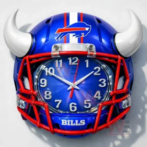 Buffalo Bills helmet shaped wall clock in blue with white horns red face guard and a large analog clock face mounted on a wall!