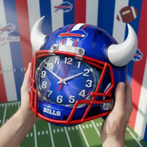 Hands holding a Buffalo Bills football helmet clock with blue shell white horns red face guard and clear analog clock face!