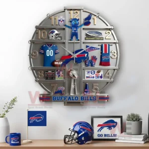 Buffalo Bills decorative wall clock shown in a home office setting emphasizing team pride and interior styling!