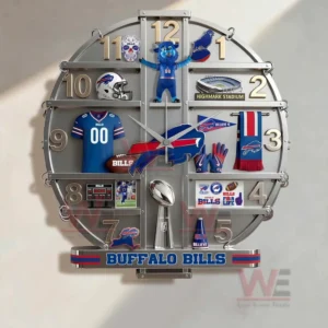 Buffalo Bills home decorative wall clock presented as a statement sports decor piece for fans and collectors!
