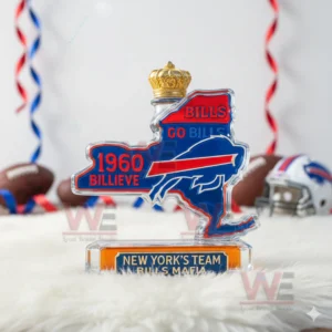 A New York state themed bottle with Bills colors and text placed on a fluffy surface surrounded by football decorations!