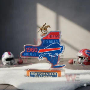 Buffalo Bills Home State Whiskey Bottle 6 A Bills themed state shaped bottle standing on a white rug with sports elements in the background!