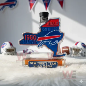 Buffalo Bills Home State Whiskey Bottle 7 A state shaped bottle designed with team graphics placed in a sports decorated room!
