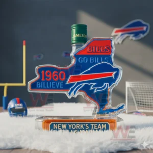 Buffalo Bills Home State Whiskey Bottle 8 A bottle in the shape of New York showcasing Bills colors placed among football items in a game inspired setting!