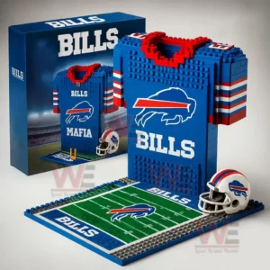 Buffalo Bills themed brick built jersey display on a football field base with a helmet and branded box in the background.