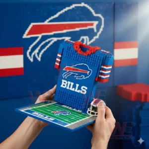 Hands holding a Buffalo Bills brick built jersey model on a football field base with a small helmet and team logo backdrop.