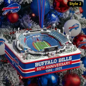Miniature football stadium ornament hanging on a Christmas tree with colorful lights and team themed ornaments!