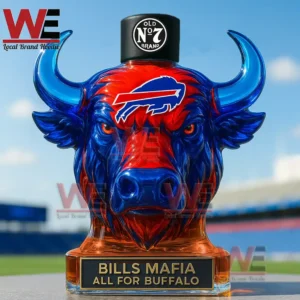 Red and blue buffalo head glass bottle with black cap and football inspired design displayed outdoors!