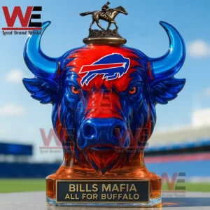 Buffalo head glass bottle in red and blue featuring a horse statue cap and stadium background!