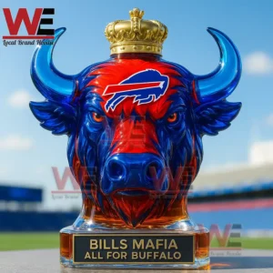 Red and blue buffalo head glass bottle with gold crown cap symbolizing Buffalo pride and victory!