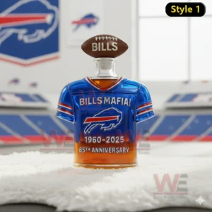 A football jersey themed bottle with bold team colors standing on a fluffy rug in a stadium inspired space!