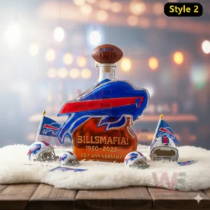 A buffalo shaped bottle featuring vibrant team colors positioned on a fluffy surface with sports decorations nearby!