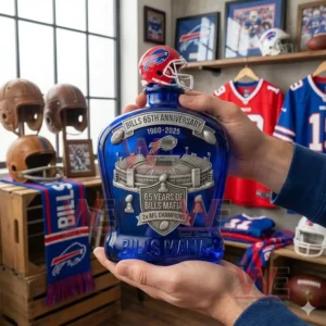 Bills Mafia anniversary whiskey bottle with helmet stopper stadium illustration and bold blue design held in a sports themed display room!